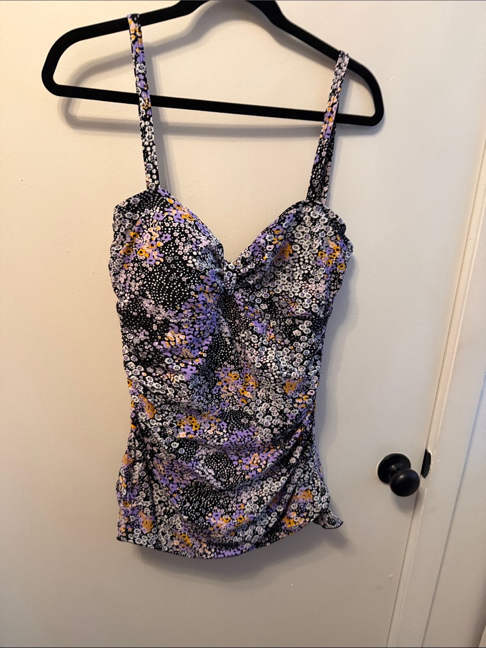 Twist-Front Floral One-Piece Swimsuit in Black and Purple